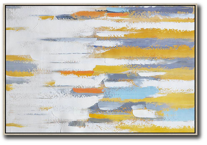 Acrylic Painting On Canvas,Oversized Horizontal Contemporary Art,Modern Paintings On Canvas,White ,Grey,Yellow,Orange.Etc